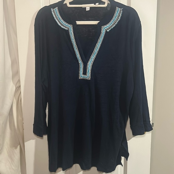 Chico's Size 3 (XL) Navy Blue Tunic with Aqua Beaded Appliques - Picture 1 of 4